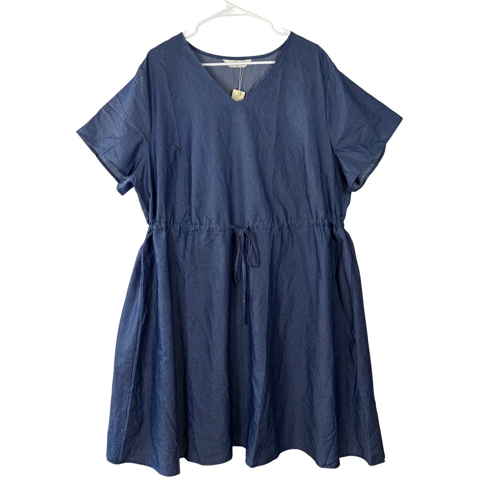 Agnes Orinda Plus Size 3X Blue Denim Look V-Neck Drawstring Waist Dress NWT